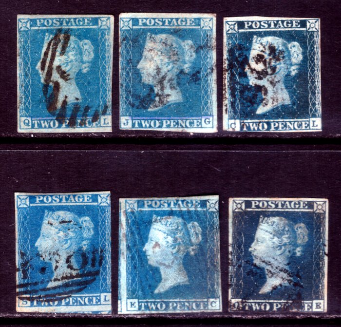 Storbritannien 1844/1853 - 2d blå nuancer sæt - Stanley Gibbons 13, 14, 15