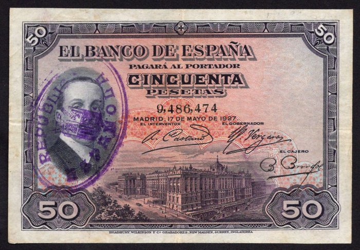 Spanien. - 50 pesetas 1927 - with handstamp - Pick 80b  (Ingen mindstepris)