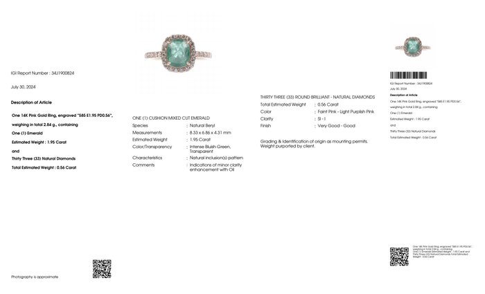 Ingen mindstepris - Ring - 14 karat Rosaguld -  251ct tw Smaragd - Diamant - IGI 195 Intense Green