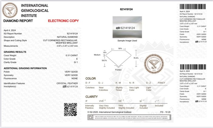 1 pcs Diamant  (Natur)  - 0.31 ct - Radiant - E - SI1 - International Gemological Institute (IGI)