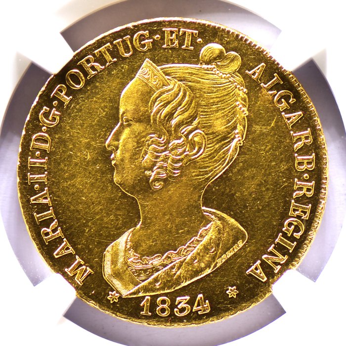 Portugal. D. Maria II (1834-1853). Peça (7.500 Reis) 1834 - Lisboa - NGC - MS 61 - Escassa