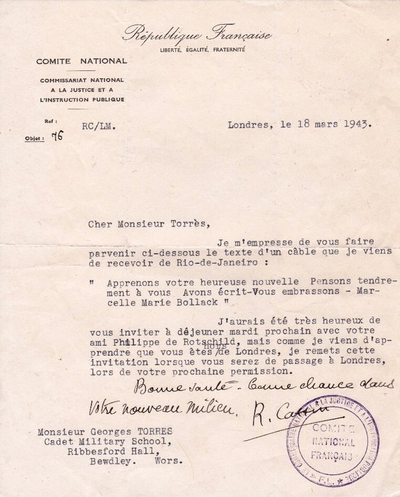 René Cassin - Lettre à Georges Torres avec envoi autographe signé - 1943