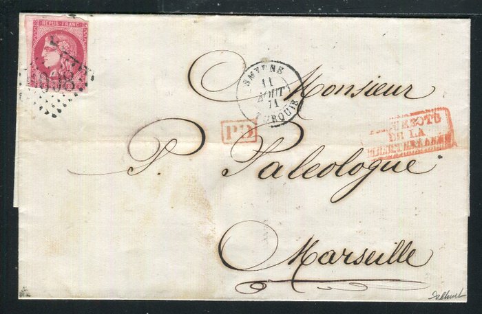 Frankrig 1871 - Sjælden lettre de Smyrne pour Marseille ( 1871 ) med nr. 49 - Cachet GC 5098