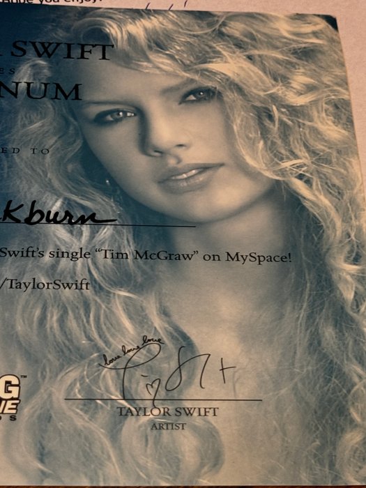 Certifikat - Taylor Swift - Taylor Swift signed Platinum Certificate with Rare Early signature  3x love( LOP) - 2007