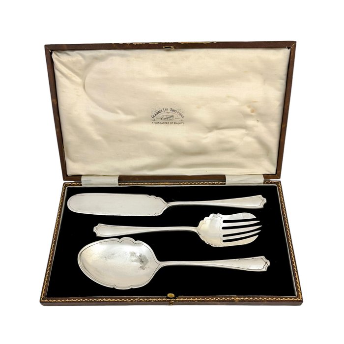 Gladwin - Art Deco boxed 3pc cake serving cutlery set - spoon fork spatula - Bestik sæt (3) - Forsølvet