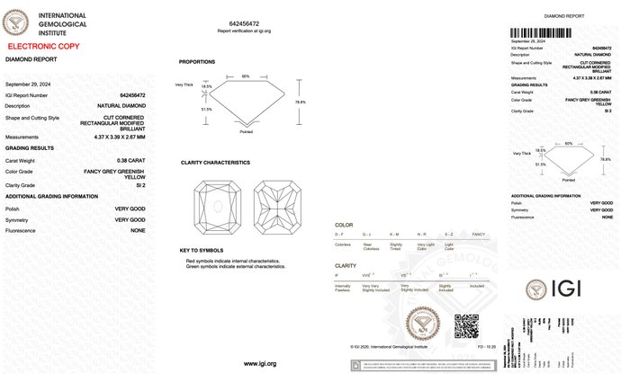 Ingen mindstepris - 1 pcs Diamant  (Naturfarvet)  - 0.38 ct - Radiant - Fancy Grå, Grønlig Gul - SI2 - International Gemological Institute (IGI)