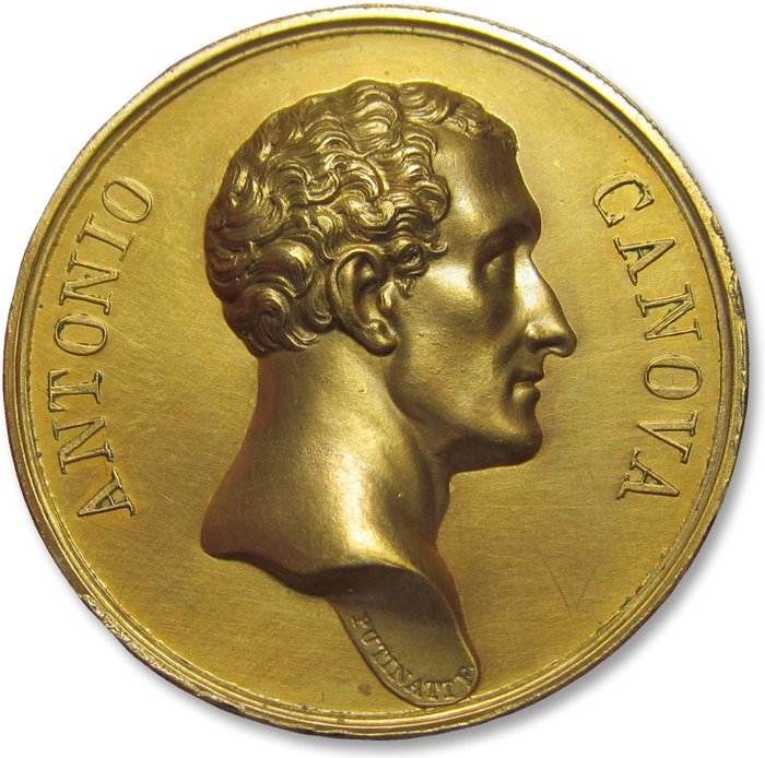 Venedig. Historical Medal 34mm AE gilded laudatory medal 1817 A.D. Antonio Canova - by medallist Francesco Putinati -