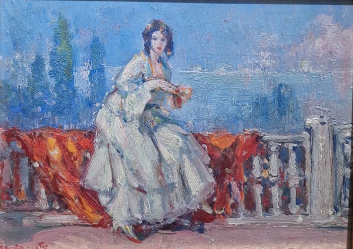 Ulisse Caputo (1872-1948) - Nobildonna su terrazzo in Costa Azzurra