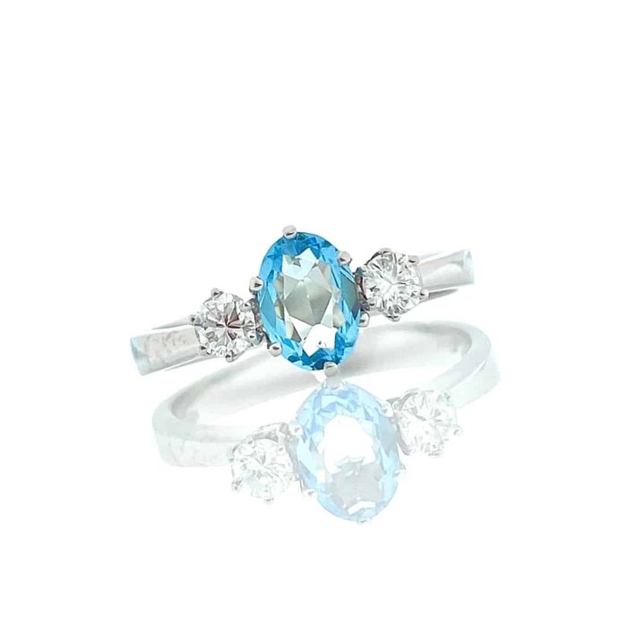 Ring - 14 karat Hvidguld -  065ct tw Akvamarin - Diamant - Akvamarin diamantring