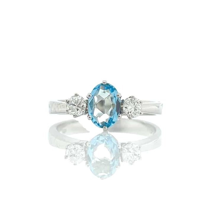 Ring - 14 karat Hvidguld -  065ct tw Akvamarin - Diamant - Akvamarin diamantring