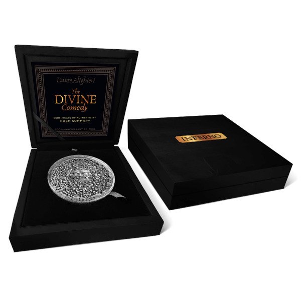 Cameroun. 10.000 Francs 2021 The Divine Comedy - Inferno Dante Alighieri 700th Anniversary - Antique Finish, 1 Kg (.999)