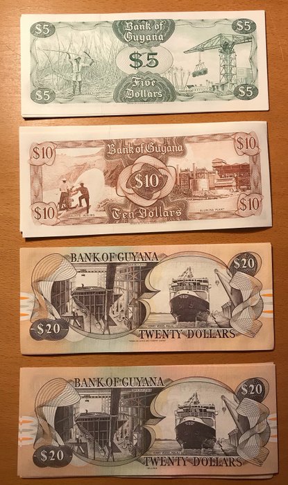 Guyana. - 10 x 5, 10 x 10, 10 x 20, 10 x 20 Dollars - various dates - (40 banknotes) - Pick  22f, 23f, 30f, 30b1  (Ingen mindstepris)