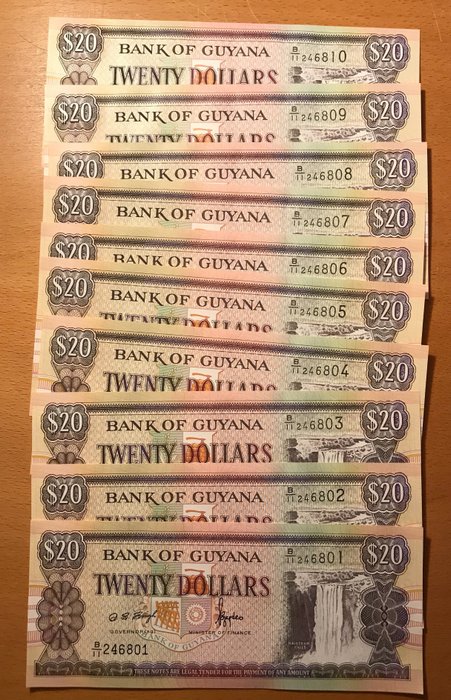 Guyana. - 10 x 5, 10 x 10, 10 x 20, 10 x 20 Dollars - various dates - (40 banknotes) - Pick  22f, 23f, 30f, 30b1  (Ingen mindstepris)