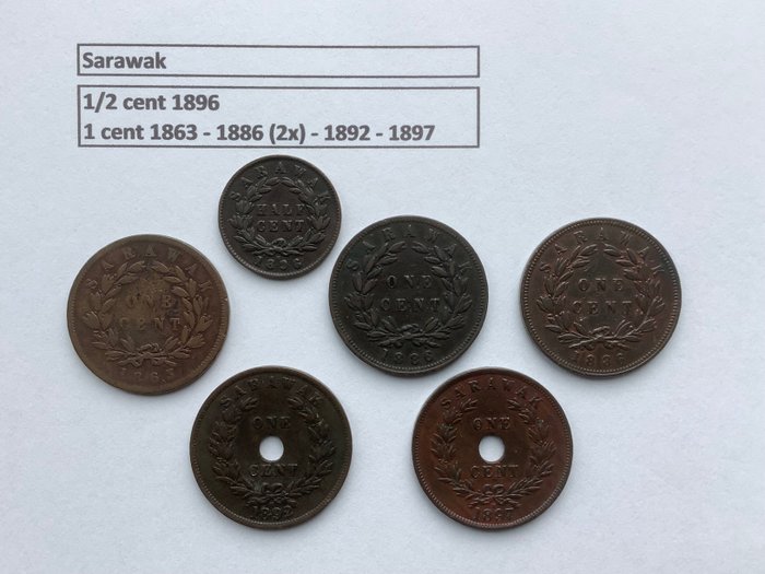 Sarawak Lot of 1/2 Cent 1x 1 Cent 5x (1863 - 1897)  (Ingen mindstepris)