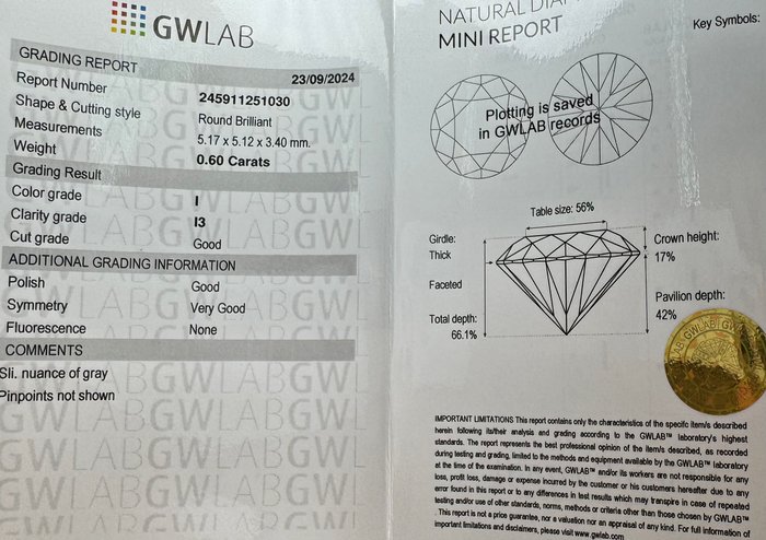 Ingen mindstepris - 1 pcs Diamant  (Natur)  - 0.60 ct - Rund - I - I3 - Gemewizard Gemological Laboratory (GWLab)