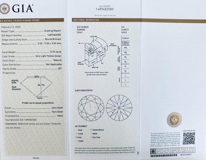 1 pcs Diamant  (Naturfarvet)  - 0.70 ct - Rund - Very light Gul Grøn - SI1 - Gemological Institute of America (GIA)