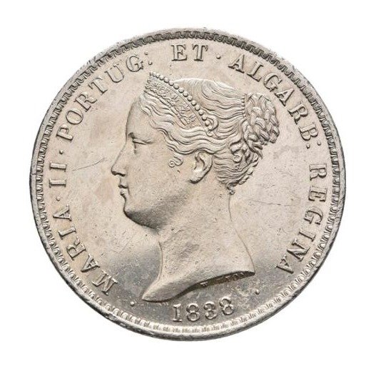 Portugal. D. Maria II (1834-1853). 10 Tostões (1.000 Reis) 1838 - Data Emendada (8 sobre 6) - Escassa