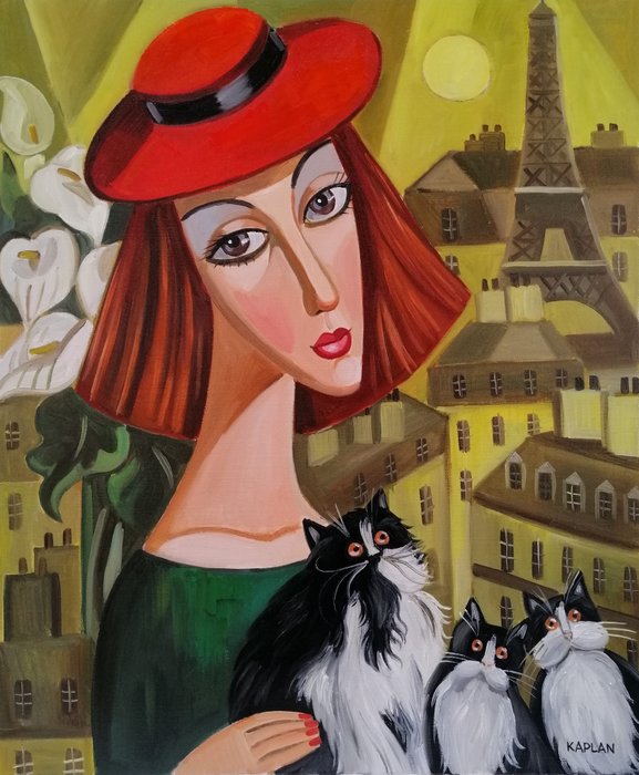 Isaac Kaplan (1966) - Parisienne rousse avec une famille de chats