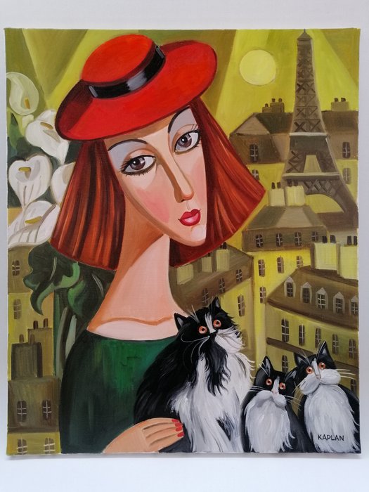 Isaac Kaplan (1966) - Parisienne rousse avec une famille de chats