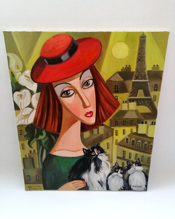 Isaac Kaplan (1966) - Parisienne rousse avec une famille de chats