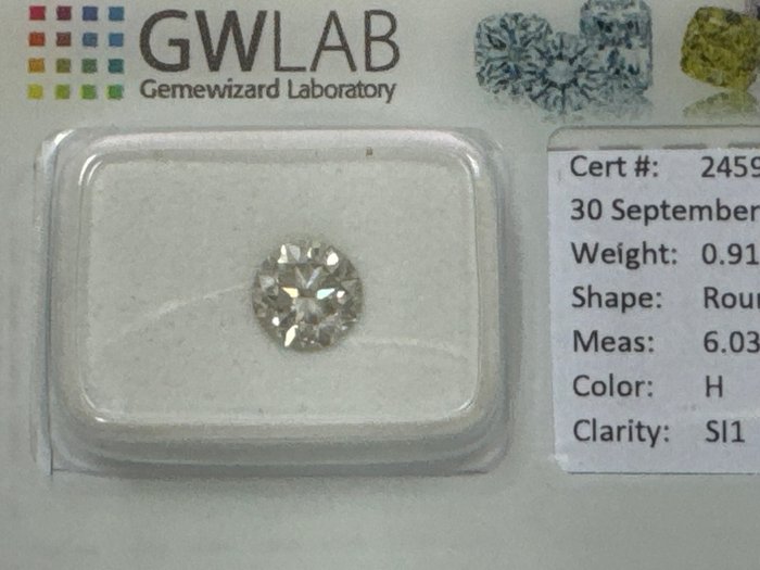 Ingen mindstepris - 1 pcs Diamant  (Natur)  - 0.91 ct - Rund - H - SI1 - Gemewizard Gemological Laboratory (GWLab)