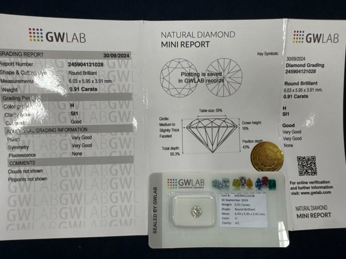 Ingen mindstepris - 1 pcs Diamant  (Natur)  - 0.91 ct - Rund - H - SI1 - Gemewizard Gemological Laboratory (GWLab)