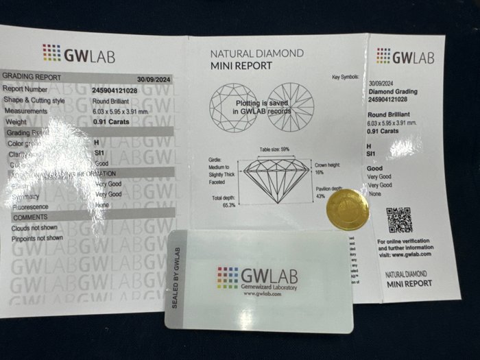 Ingen mindstepris - 1 pcs Diamant  (Natur)  - 0.91 ct - Rund - H - SI1 - Gemewizard Gemological Laboratory (GWLab)