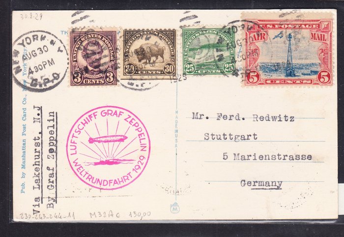 Förenta staterna 1929 - Postkort sendt via Graf Zeppelin dateret 30/08/1930 via Lakehurst med officiel annullering af - Scott diversi numeri