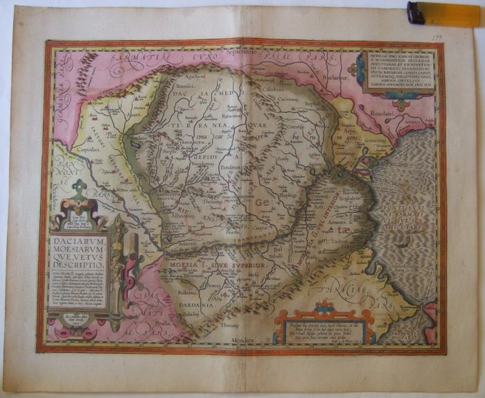 Rumænien - Dacia / Transsylvanien / Walachia / Moldavien , Cluj Napoca, Alba Julia, Bulgarien Veliko Tarnavo; Ortelius - Daciarum Moesiarum que vetus Descriptiae .. 1595 - 1581-1600