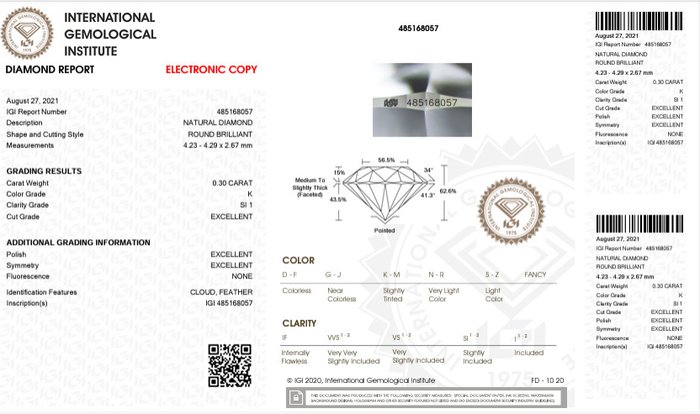 1 pcs Diamant  (Natur)  - 0.30 ct - Rund - K - SI1 - International Gemological Institute (IGI) - Premium Diamond EX EX EX