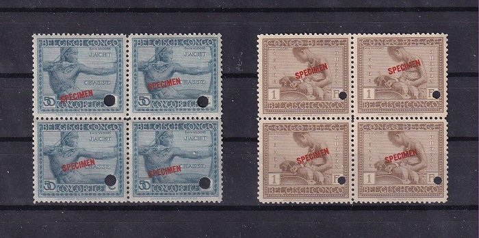 Belgisk Congo 1923/1923 - Vloors Specimen 50c, 1F, en bloc de quatre, MNH - COB 112, 114