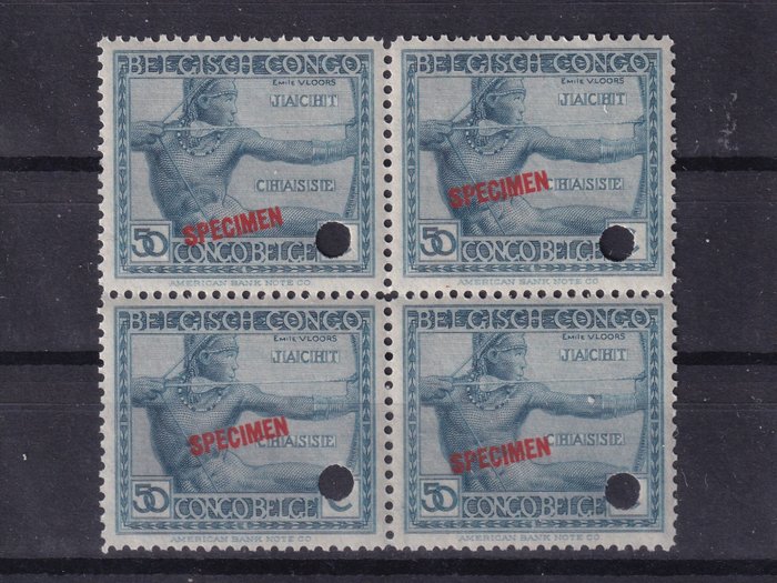 Belgisk Congo 1923/1923 - Vloors Specimen 50c, 1F, en bloc de quatre, MNH - COB 112, 114