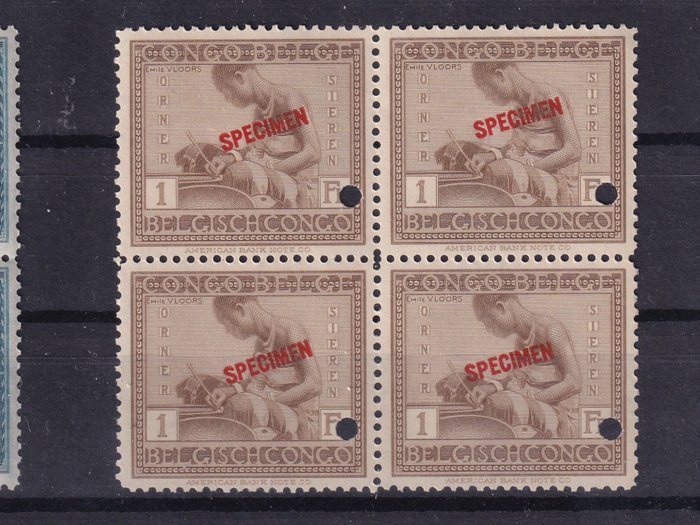 Belgisk Congo 1923/1923 - Vloors Specimen 50c, 1F, en bloc de quatre, MNH - COB 112, 114