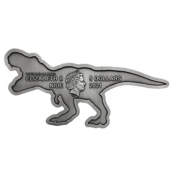 Niue 5 Dollars 2021 Jurassic World - T-Rex Antique Finish - Shaped Coin 2 Oz (999)