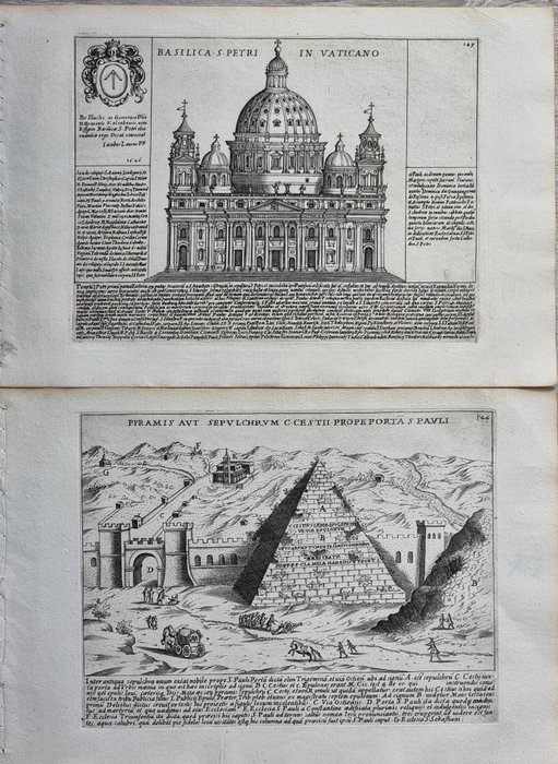 Giovanni Giacomo De Rossi (1627-1691) - Giacomo Lauro (prima del 1650) - Lot. of 2: Basilica S. Petri - Pyramis Aut Sepulchrum C. Cestii - Antiquae urbis splendor Roma