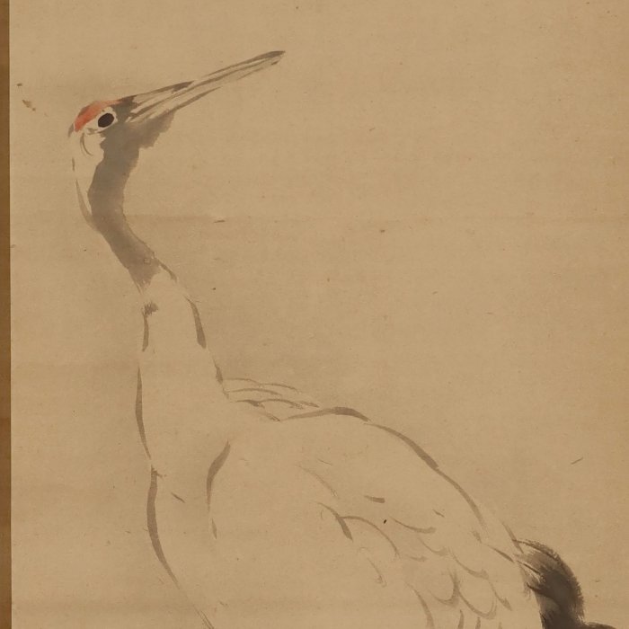 Crane with Inscription - With signature 有功 (Arikoto) ,筑前守岸岱 (Chikuzennokami Gantai) - Saeki Gantai (1782-1865) , Chigusa Arikoto (1797-1854) collaboration - Japan - Sene Edo-periode  (Ingen mindstepris)