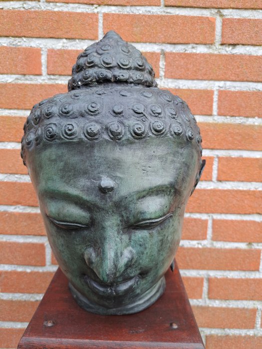 Groot Buddha hoofd groen gepatineerd - Statue - Thailand  (Ingen mindstepris)