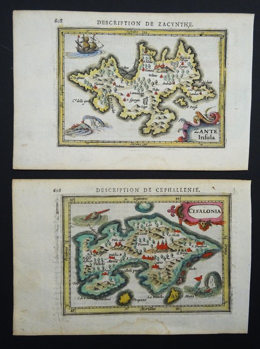 Grækenland - Zakynthos, Det Ioniske Hav, Kefalonia [2 kort]; B. Langenes / P. Bertius / J. Hondius - Zante / Cefalonia - 1601-1620