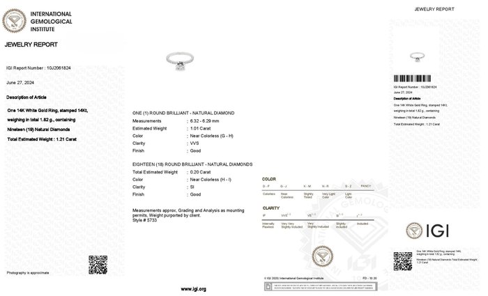 Ring - 14 karat Hvidguld -  1.21ct. tw. Diamant (Natur) - Diamant