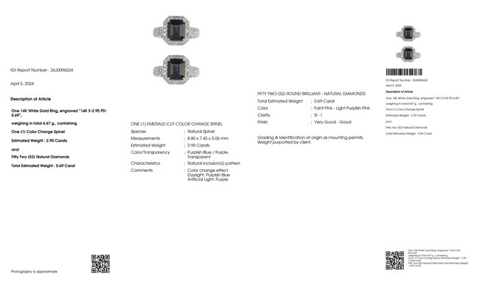 Ingen mindstepris - Ring - 14 karat Hvidguld -  3.59ct. tw. Spinel - Diamant - IGI 2,90 ct farveskift