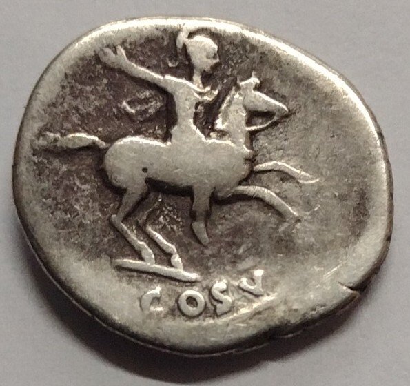 Romarriket. Domitian (AD 81-96). Denarius da Cesare AD 78-79. COS V - Soldato su cavallo  (Ingen mindstepris)