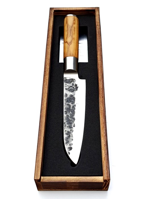 Santoku Knife - Forged and Hammered - 440C Japanese Stainless Steel - Olive Wood - Køkkenkniv - Rustfrit stål - Japan