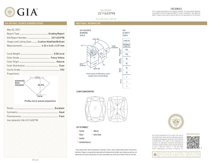 1 pcs Diamant  (Naturfarvet)  - 0.50 ct - Pude - VS2 - Gemological Institute of America (GIA) - fancy gul