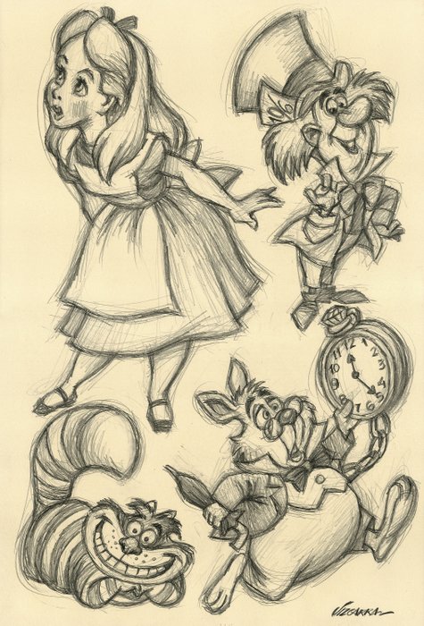 Joan Vizcarra - Alice in the Wonderland: Characters Model Sheet - Original Pencil Drawing (48 x 32 cm) - Hand Signed