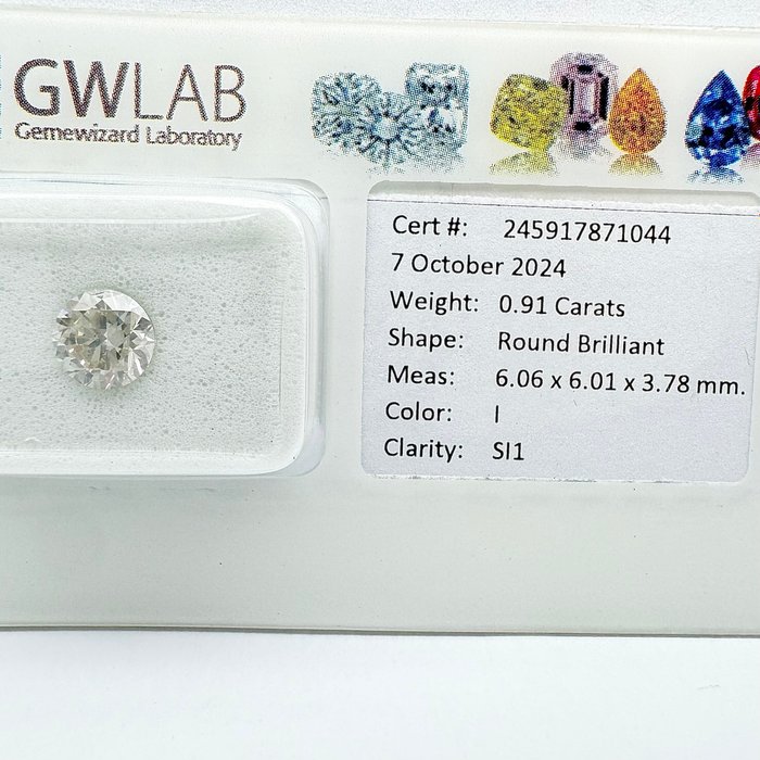 Ingen mindstepris - 1 pcs Diamant  (Natur)  - 0.91 ct - Rund - I - SI1 - Gemewizard Gemological Laboratory (GWLab)