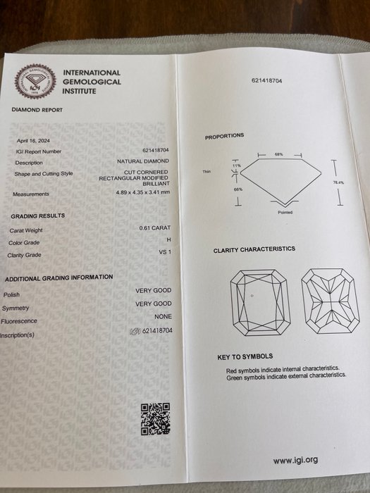 1 pcs Diamant  (Natur)  - 0.61 ct - Radiant - H - VS1 - International Gemological Institute (IGI)