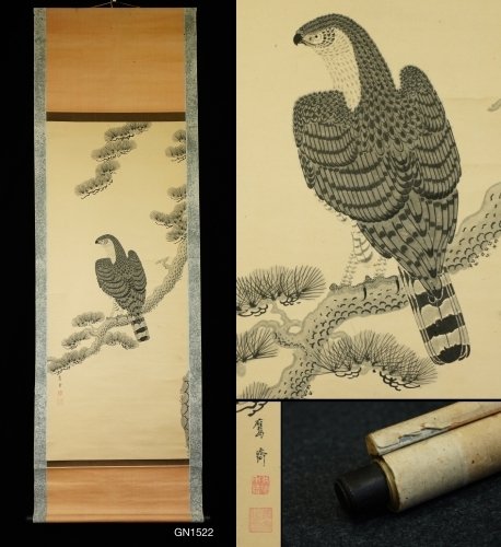 Hawk on pine tree - ca 1900-1920(Meiji / Taisho) - Yosai 鷹斎 - Japan  (Ingen mindstepris)