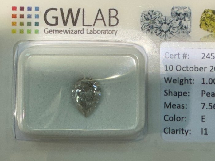 Ingen mindstepris - 1 pcs Diamant  (Natur)  - 1.00 ct - Pære - E - I1 - Gemewizard Gemological Laboratory (GWLab)