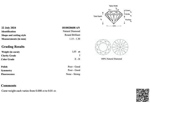 Ingen mindstepris - 1 pcs Diamant  (Natur)  - 103 ct - Rund - I1 I2 I3 - Gem Report Antwerp (GRA) - INGEN RESERVEPRIS