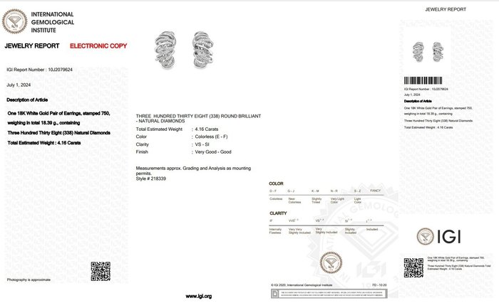 Øreringe - 18 kraat Hvidguld -  4.16ct. tw. Diamant (Natur) - en af slagsen